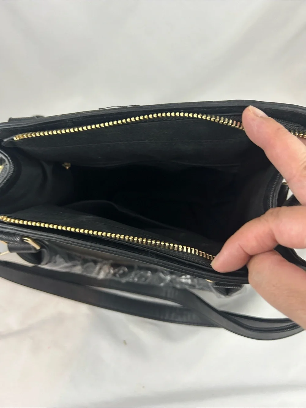Black Structured Satchel Handbag with Gold Hardware